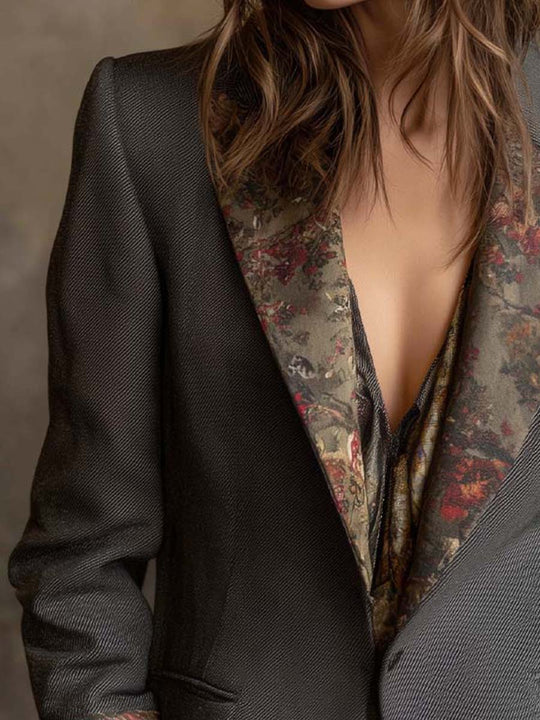 Vintage Floral Print Contrast Blazer