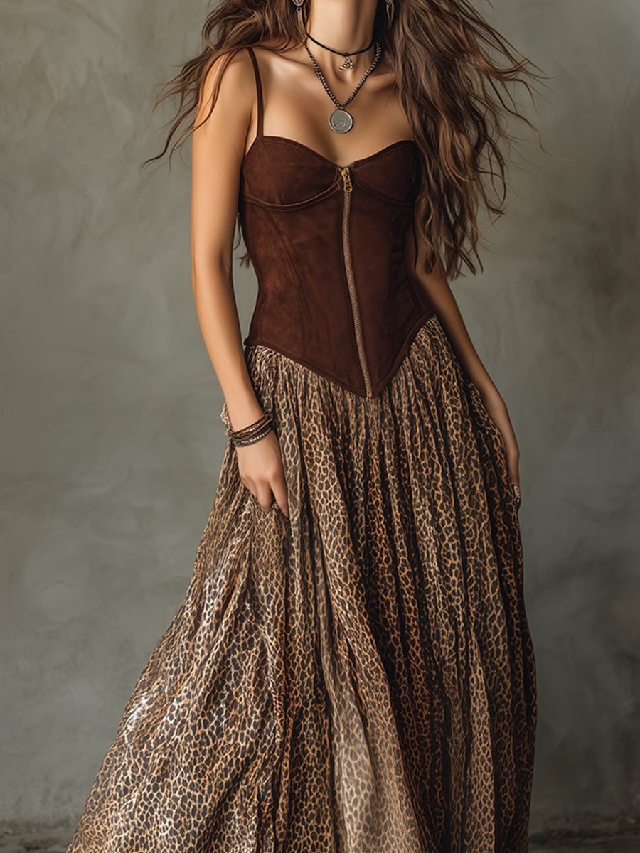 Bohemian Nomadic Leopard Print Eco-friendly Suede Suspender Maxi Dress