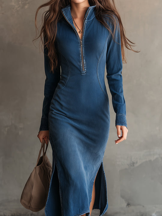 Bohemian Washed Denim Hem Slit Slim Fit Midi Dress
