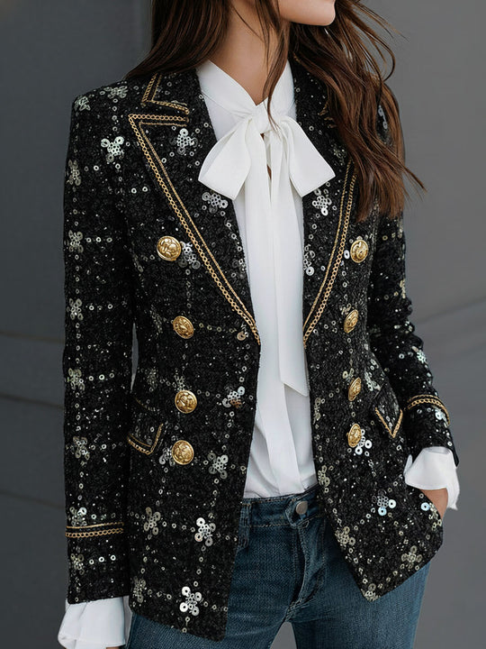 Luxe Double Breasted Black Sequin-Embellished Tweed Blazer