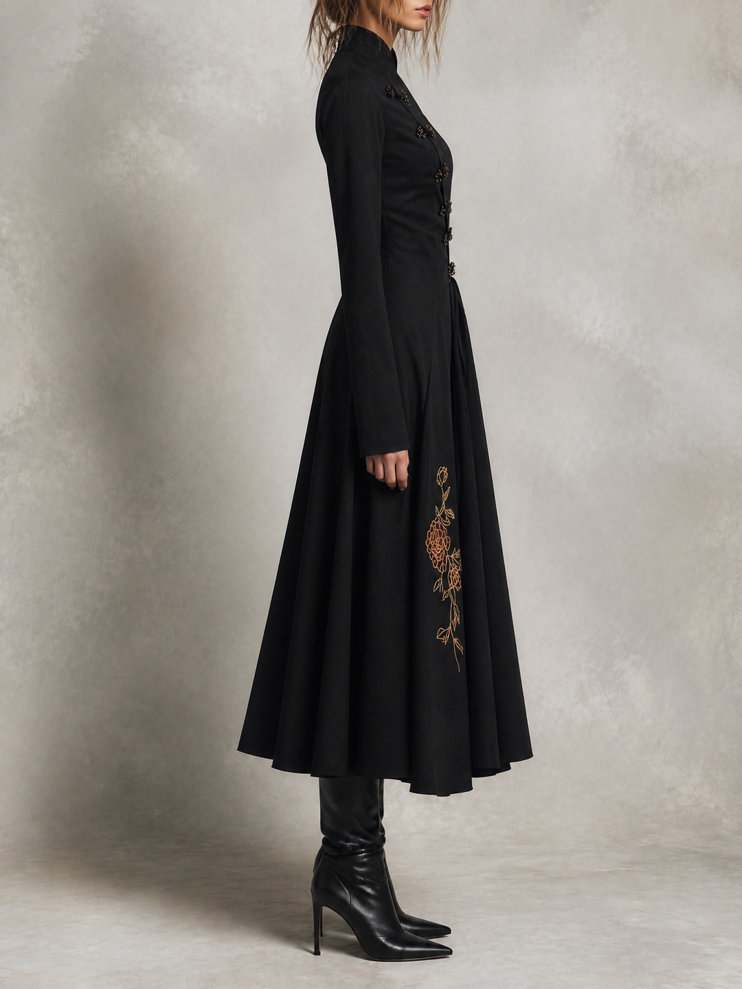 Black Mandarin Collar Embroidered Midi Dress