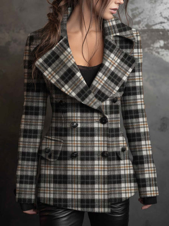 Classic Black And White Plaid Textured Double-Breasted Blazer