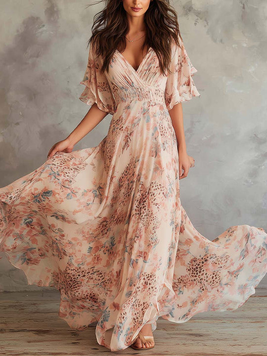 Floral Chiffon Flutter-Sleeve Maxi Dress