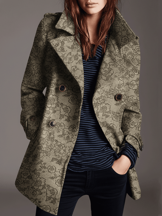 Classic Khaki Vintage Jacquard Double-Breasted Coat