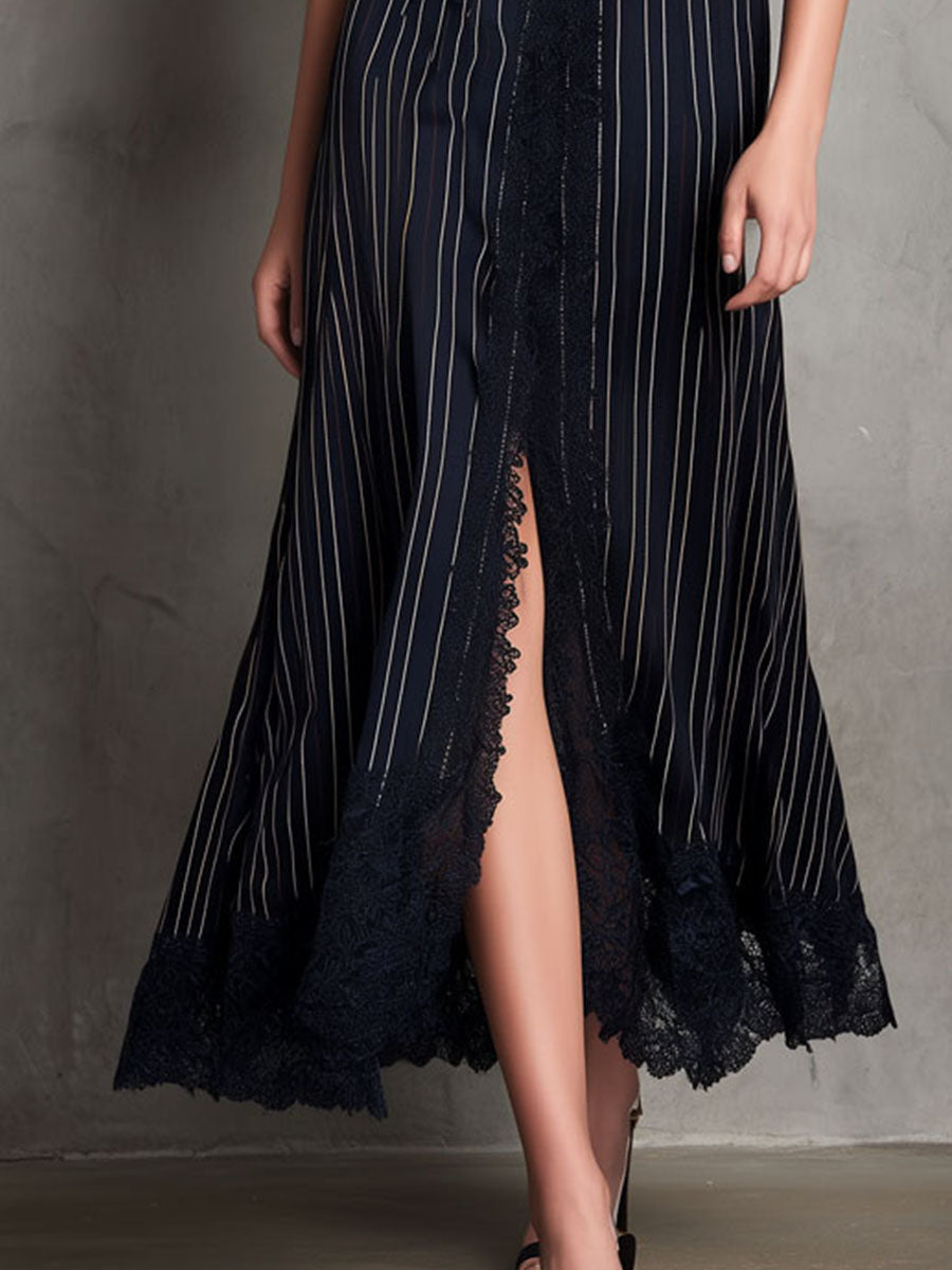 Retro Elegant V-neck Navy Pinstripe Lace Front-Slit Evening Dress