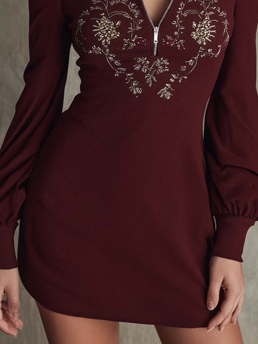 Ribbed Embroidered High Neck Zipper Long Sleeve Dress