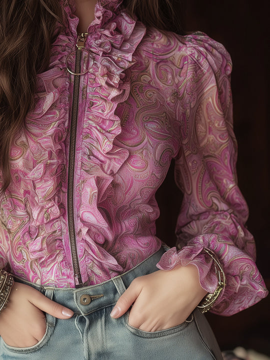 Bohemian Paisley Print Blouse With Ruffled Placket And Front Zipper