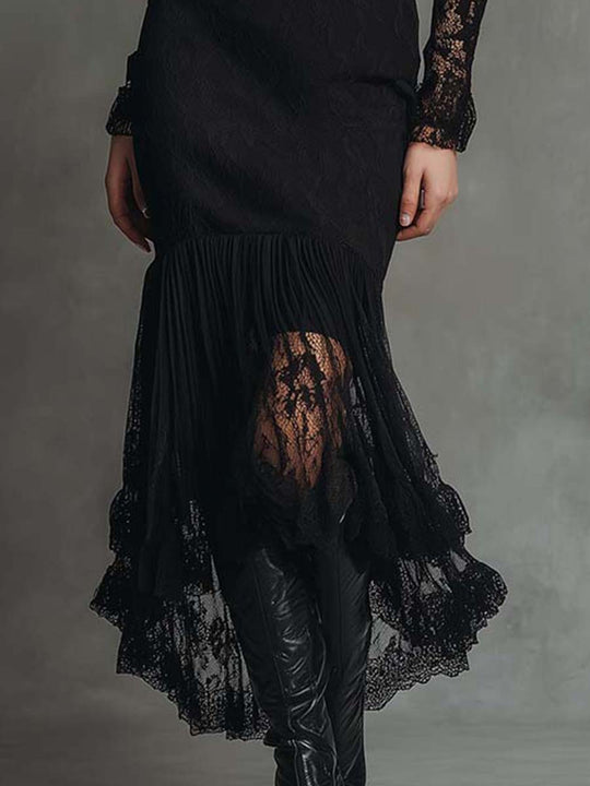 Black Lace-Panel Pleated Hem Maxi Dress