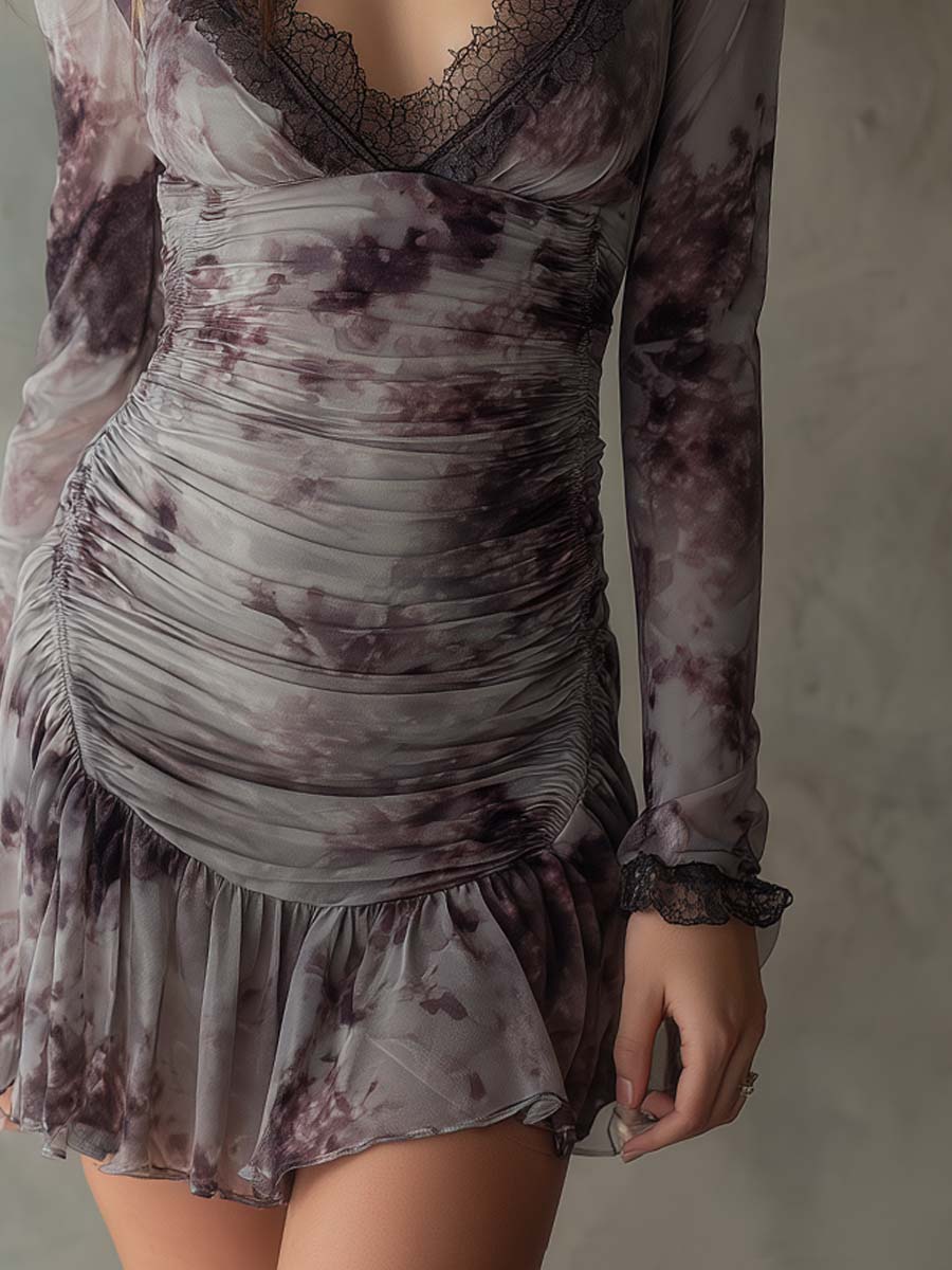 Vintage Oil Painting Style Floral Lace Mesh Mini Dress