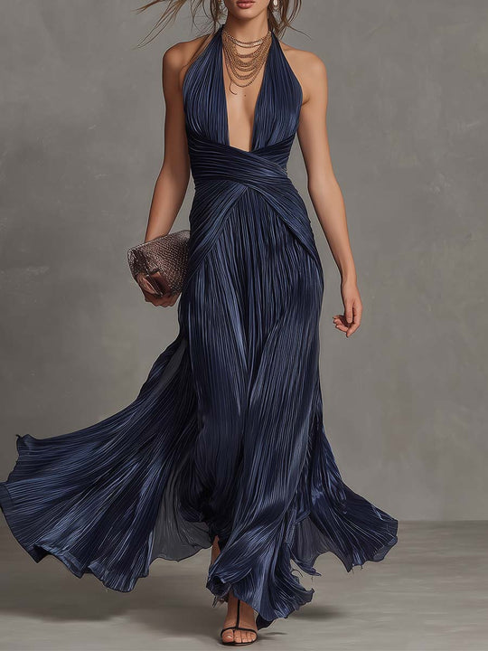 Elegant Navy Halter Pleated Maxi Dress