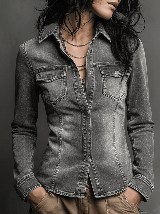 Vintage Washed Gray Fitted Denim Jacket