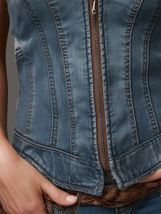 Bohemian Fitted Zip-Front Denim Vest