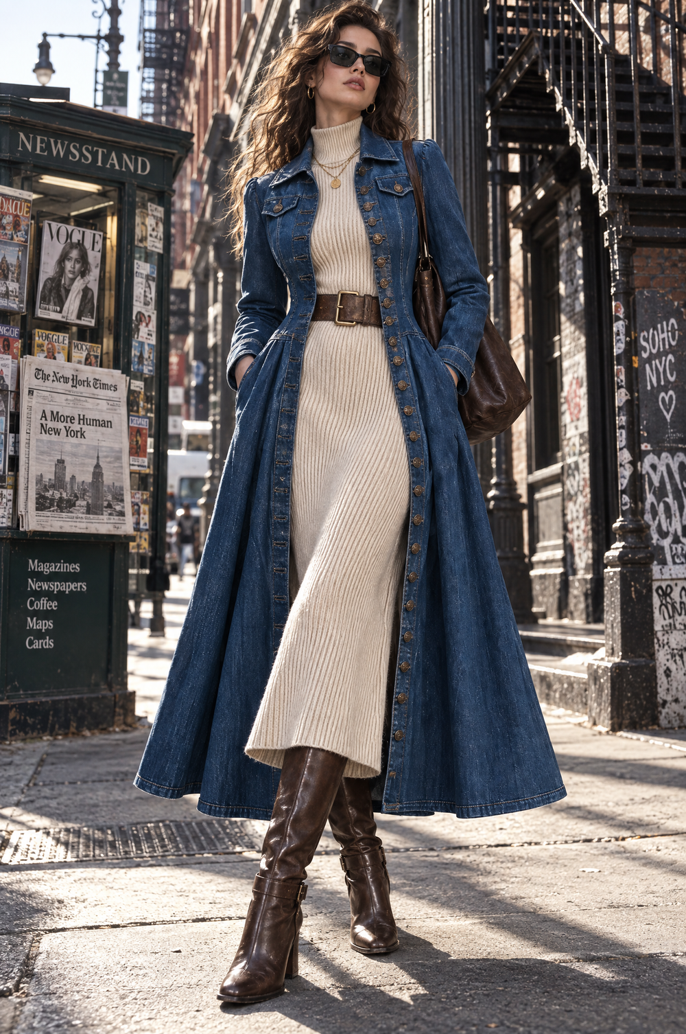 Retro Single-breasted Long Fitted Denim Trench Coat
