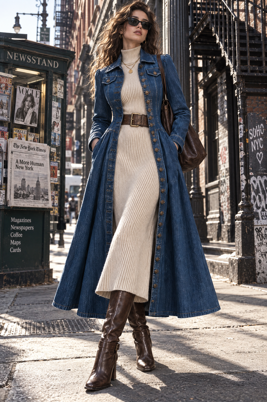 Retro Single-breasted Long Fitted Denim Trench Coat