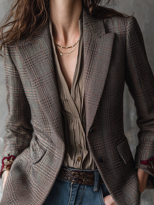 Retro Plaid Woolen Rose Embroidered Lapel Blazer