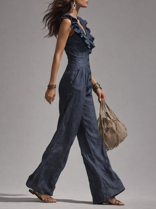 Vintage Cotton Sleeveless Straight-leg Jumpsuit With Ruffle Trim