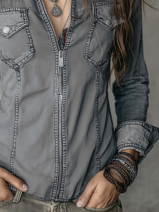 Retro Flap Pocket Zipper Placket Long-sleeved Denim Blouse