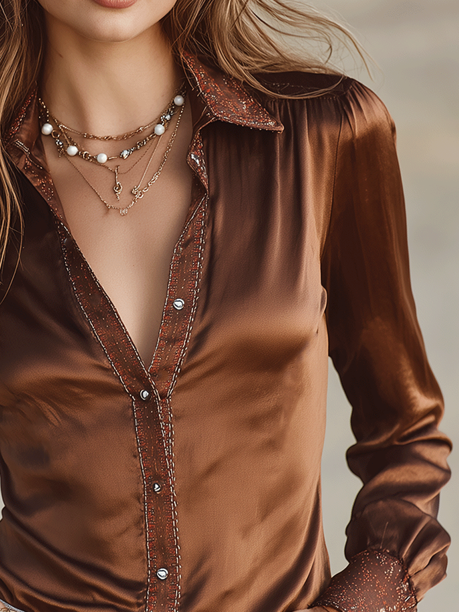 Luxury Satin Bronze Tailored Button-Down Blouse
