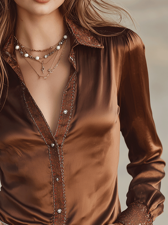 Luxury Satin Bronze Tailored Button-Down Blouse