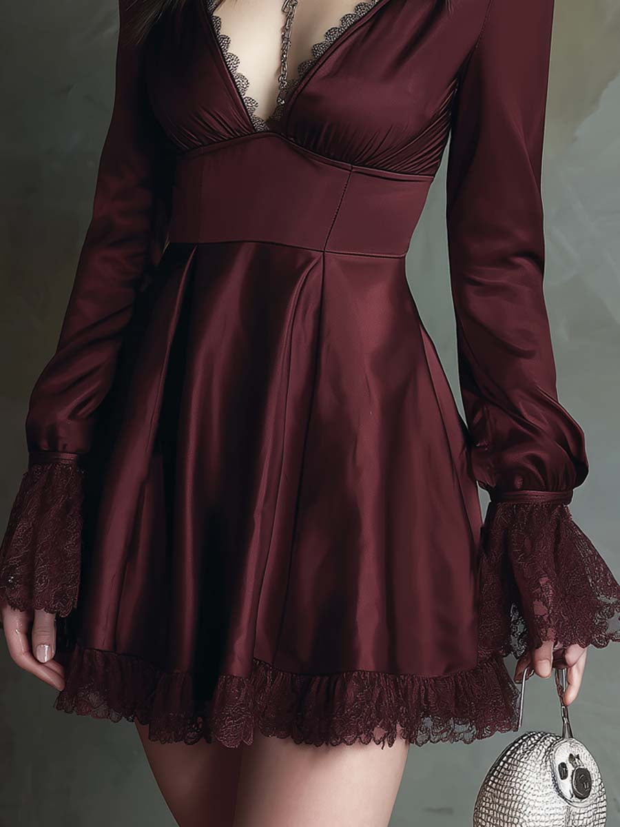 Retro Flare Hem Lace Trim Polyester Satin Mini Dress