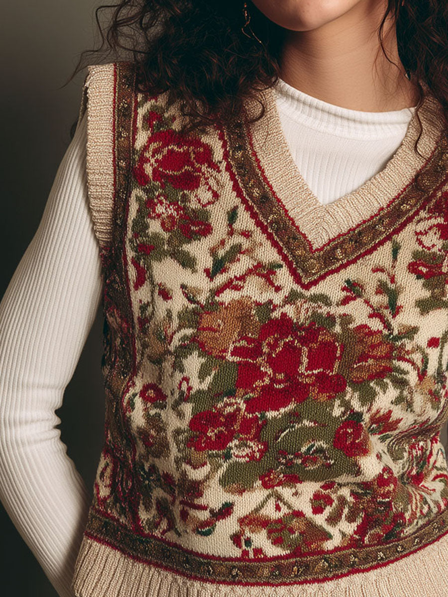 Vintage Cream And Burgundy Rose Pattern Knit Sleeveless Sweater