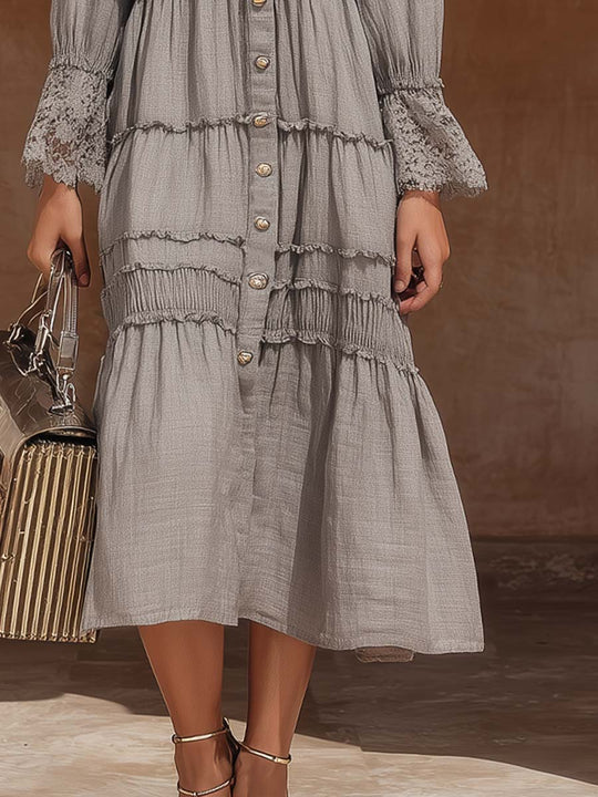Retro-style Ruffled Lace Cuff Cotton Linen Midi Dress