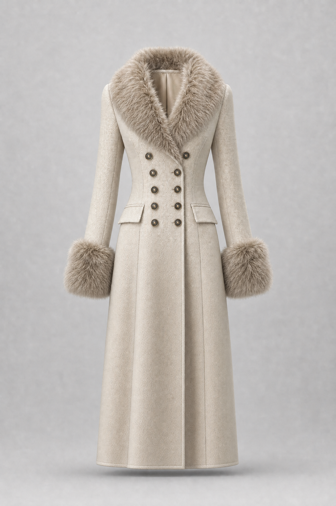 Quiet Luxury Fur-trimmed Collar Double-breasted Wool-blend Coat With Waist-cinching Fit