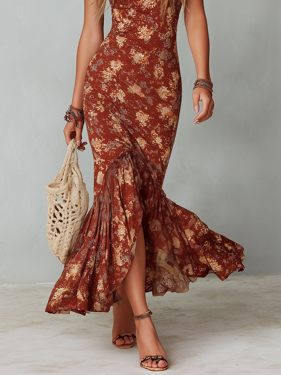 Retro Keyhole Collar Fishtail Hem Printed Maxi Dress
