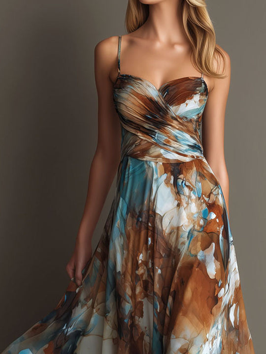 Boho Watercolor Print Chiffon Spaghetti Strap Maxi Dress