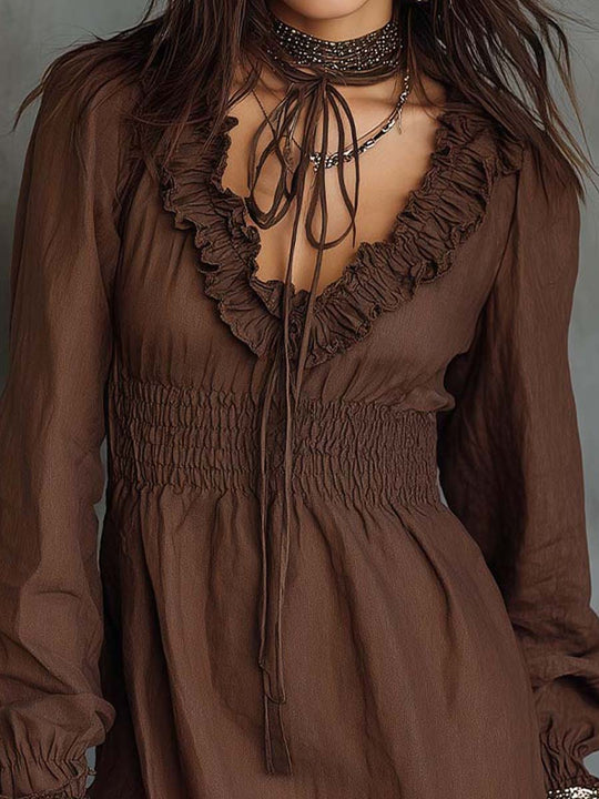 Ruffled V-Neck Mini Dress With Smocked Waist And Lace Hem