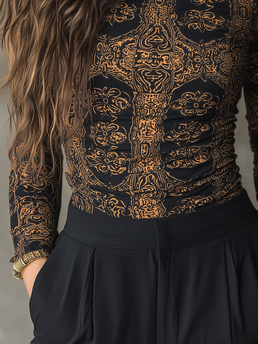 Retro Totem Print Stretch Knit Slim High Neck T-shirt