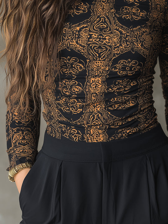 Retro Totem Print Stretch Knit Slim High Neck T-shirt