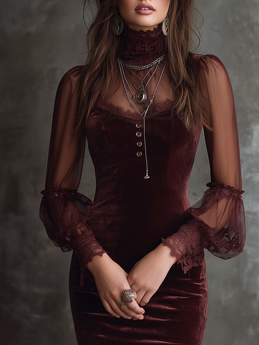 Vintage Lace Cuffs Sheer Sleeves Polyester Velvet Mini Dress