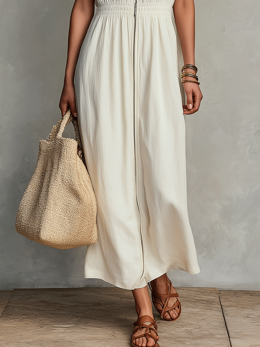 Minimal Zip-Front Cream Maxi Dress