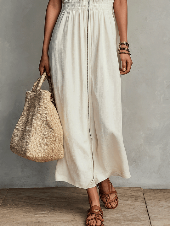 Minimal Zip-Front Cream Maxi Dress