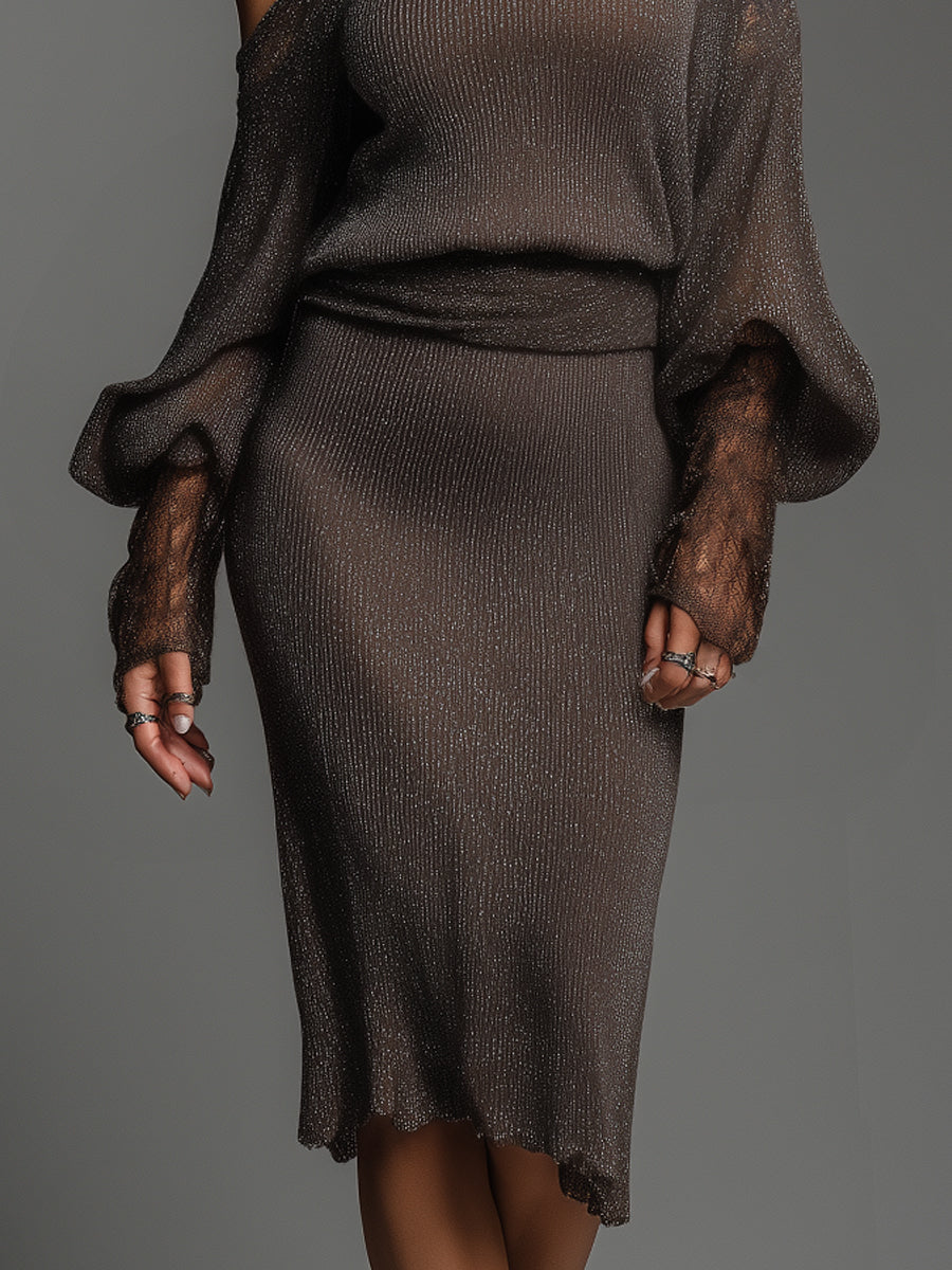 Bohemian Style Shiny Knitted One-shoulder Batwing Sleeve Midi Dress