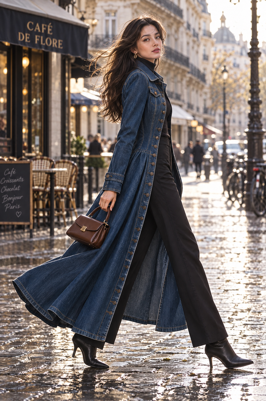 Retro Single-breasted Long Fitted Denim Trench Coat