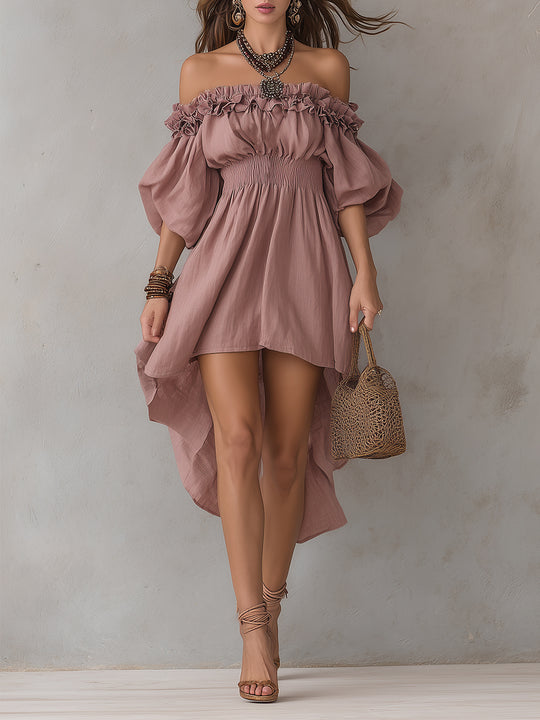 Off-the-shoulder Linen High-low Hem Midi Dress With Ruffles