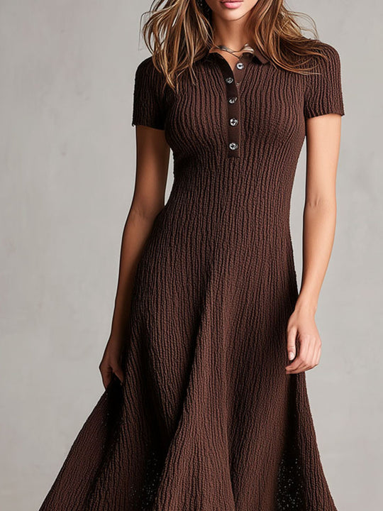 Quiet Luxury Chocolate Textured Knit Polo Midi Dress