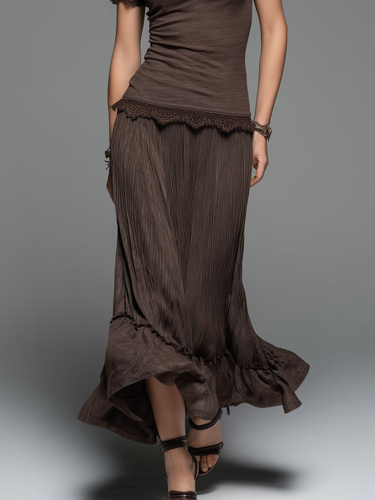 Chic Lace Short-sleeved T-shirt & Pleated Ruffle Hem Skirt Set