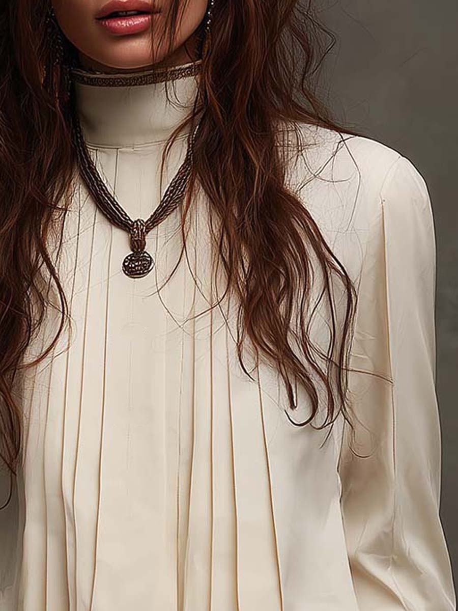 Pleated Front Blouse With Ribbon-Trimmed Collar And Cuffs