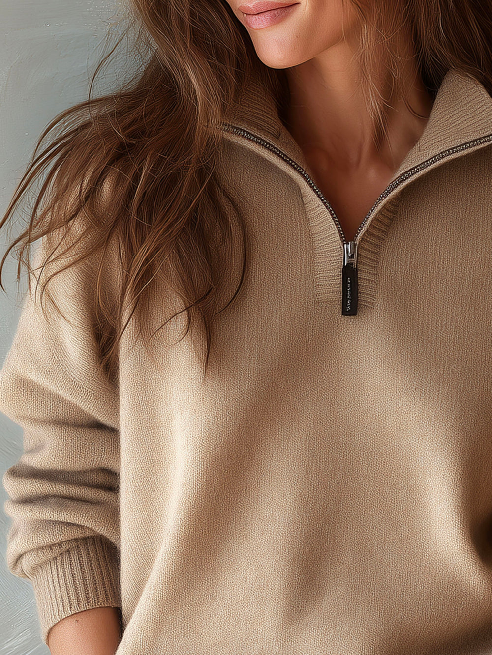 Casual Beige High-Collar Half-Zip Knit Sweater