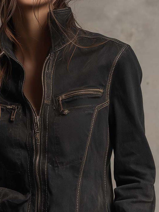 Vintage Washed Denim Jacket With Accentuated Shoulder Line