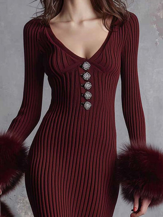 Ribbed Knit Midi Dress With Statement Buttons And Faux Fur Cuffs – Wine Red