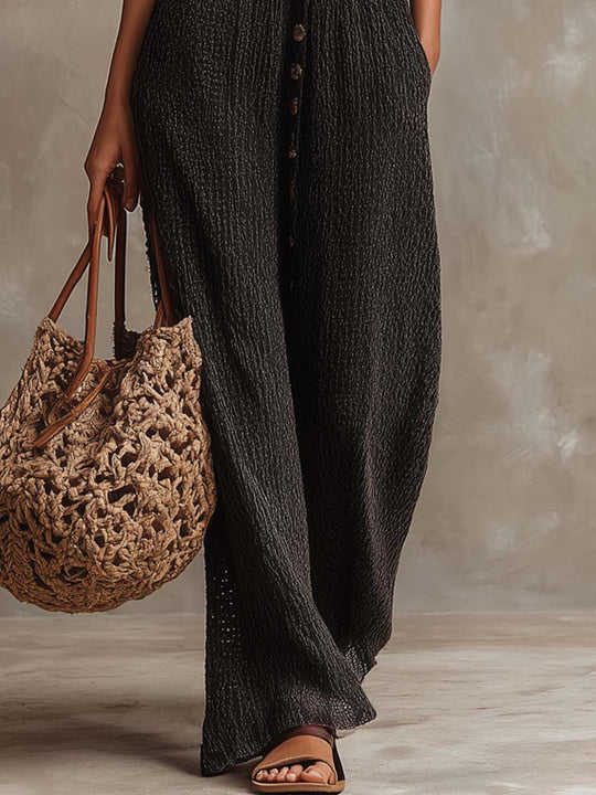 Halter Neck Button-up Sleeveless Knitted Jumpsuit