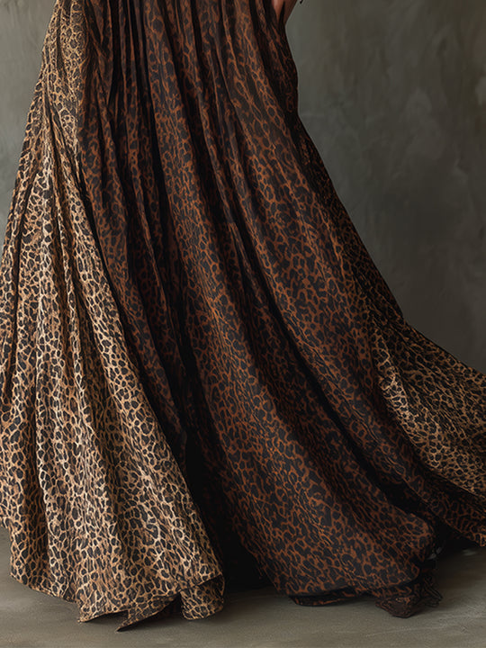 Bohemian Leopard Print Pleated Patchwork Long Maxi Skirt