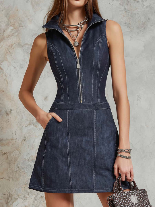 Retro Sleeveless Zip-up Collar Denim Mini Dress