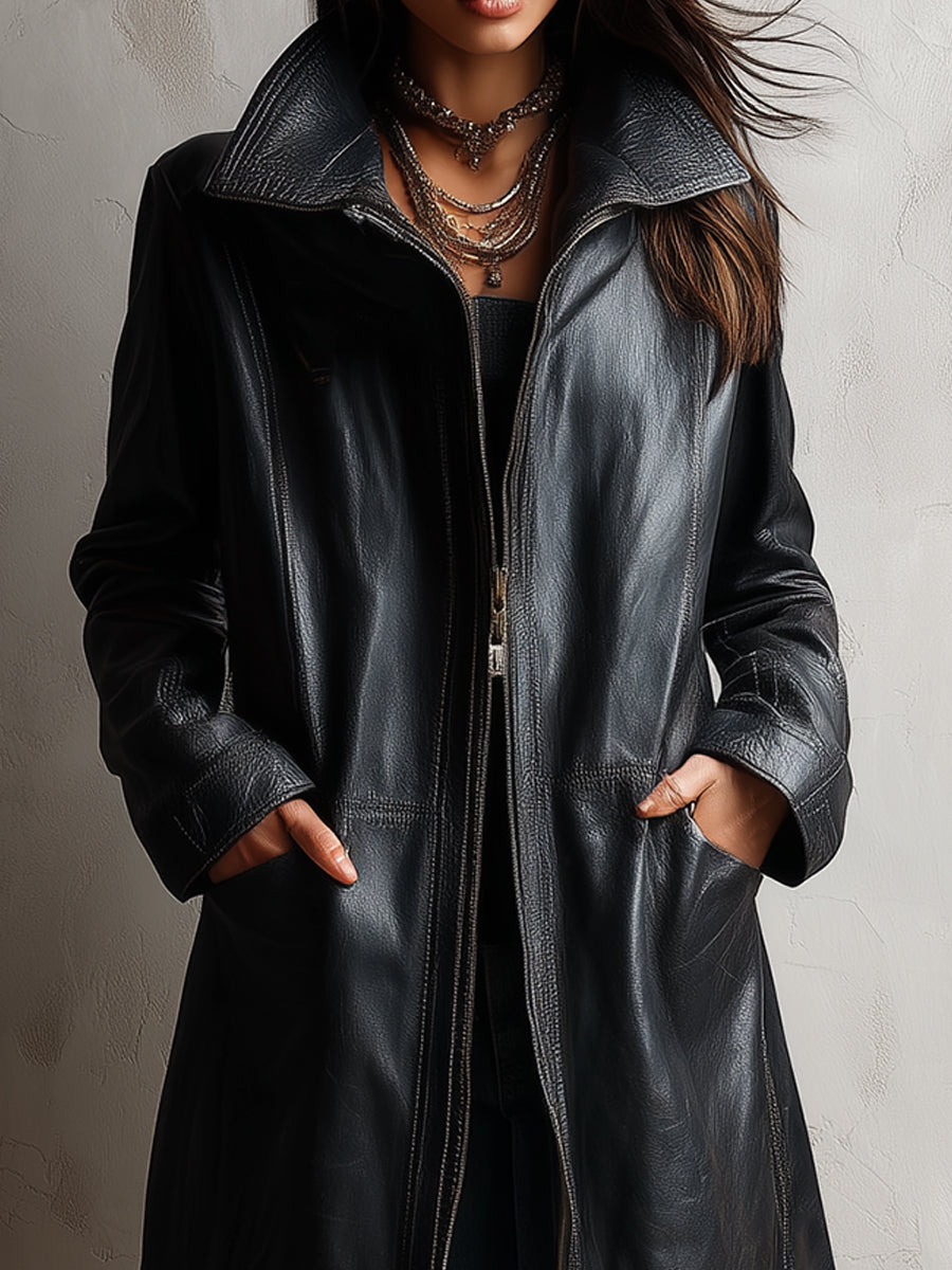 Bohemian Zip-front Eco-leather Midi Jacket