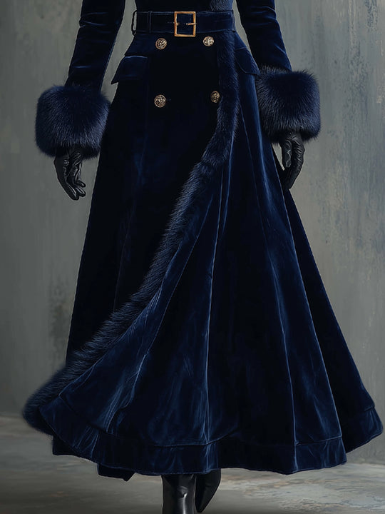 Elegant Mid-length Velvet Coat With Faux Fur Collar