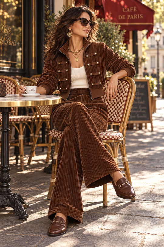 Boho Corduroy Military Style Zip Jacket & Wide Leg Pants Two-Piece Set